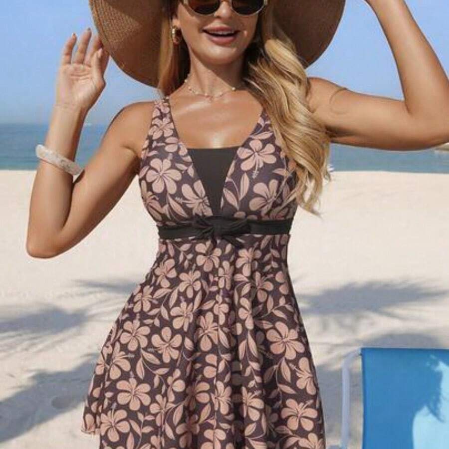 Swim Lushore 26SS Women's Spring/Summer Beach Dress, Boho Floral Print For Beach Vacation, Elegant Romantic Bow-Tie Beach Dress With Shorts, Suitable For Outings, Beach, Afternoon Tea, Picnic, Party, Daily Wear, Leisure, Outdoor Sports, Fashionable Outfit - Marrón - Ver 1