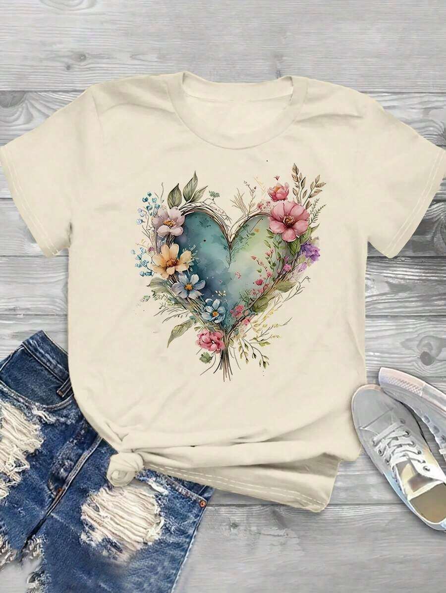 1 Pieza de Camiseta Casual de Moda para Hombres y Mujeres, de Manga Corta con Estampado de Corazones y Flores, Cuello Redondo, Camisetas Gráficas para Mujer, Versátiles, fáciles de combinar, adecuadas para uso diario, estilo urbano, ropa de vacaciones, ropa de fin de semana. - Albaricoque - Ver 1