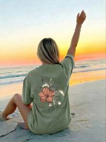Women's Summer Turtle, Flower, And Letter Print T-Shirt, Casual Loose Round Neck, For Beach Vacation - Green - View 2