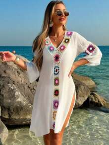 Swim Lushoire Vestido/Cubrecuerpo casual y holgado con estampado floral de ganchillo y cuello en V, manga 3/4, abertura lateral, color aleatorio, para mujer - Blanco - Ver 4