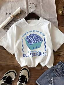 Camiseta de manga corta informal para mujer, ideal para la comodidad casual en primavera y verano, con estampado de letras de arándanos estilo caricatura, versátil y linda. - Albaricoque - Ver 7