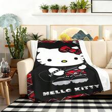 SANRIO 1pc Comfortable Punk Style Hello Kitty Pink Plaid Flannel Blanket, Soft Polyester Knitted Design, Versatile Use, Machine Washable, Ideal Gift For Home, Travel, Outdoor, All Seasons - Cozy Throw Blanket For Sofa, Bed, Office, Car - Multicolor - View 6