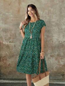 Vestido midi de manga corta, cuello redondo y corte holgado para mujer, adecuado para el verano - Verde - Ver 3