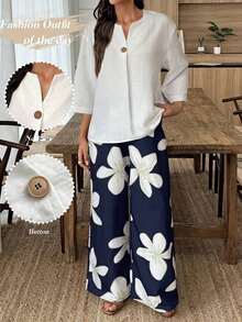 Conjunto de camisa de unicolor y pantalones con estampado floral para vacaciones - Multicolor 3 - Ver 5
