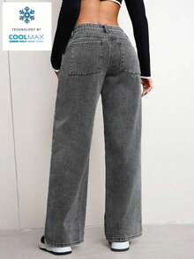 ICON Solid Color Wide Leg Pocket Jeans, Casual And Versatile - 灰色 2 - 查看 8