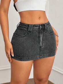 Minifalda de mezclilla ajustada y de tiro bajo lavada, con estilo callejero sexy para el verano - Gris - Ver 5