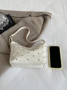 BEIKAMU Fashion Rivet Decor PU Crossbody Bag, Adjustable Shoulder Strap Zipper Closure Versatile Shoulder Bag Satchel, Suitable For University, Commuting, Shopping, Strolling, Daily Use - White - View 2