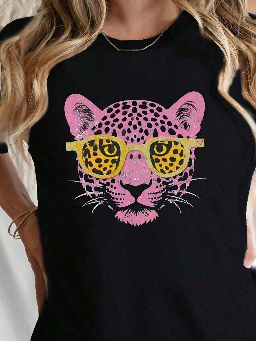 1 pieza de camiseta de cuello redondo con estampado de leopardo rosa, camiseta casual de manga corta para primavera y verano, ropa de mujer, 180g 100% algodón. - Negro - Ver 1