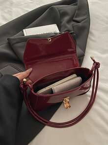 女士时尚漆皮亮面翻盖装饰单肩腋下包/斜挎包，适合约会、外出、派对等场合 - 酒紅色 - 查看 6