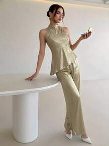 Conjunto de top halter y pantalones de color café claro, estilo sencillo para ir al trabajo - Dorado - Ver 10