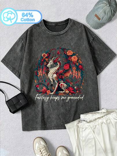 大码女式纯棉圆领酸洗T恤，时尚百搭，适合春、夏、秋季穿着，印有花朵和恐龙图案。
