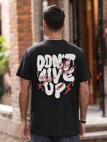 Camiseta de manga corta de cuello redondo para hombre con estampado de letras, estilo casual de verano 2025 - Negro - Ver 2