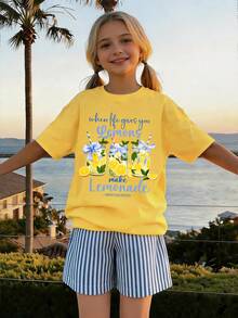 2pcs/Set Girls Lemon Bow Print T-Shirt And Vertical Stripe Shorts Set, Spring/Summer Outfit - Yellow - View 1