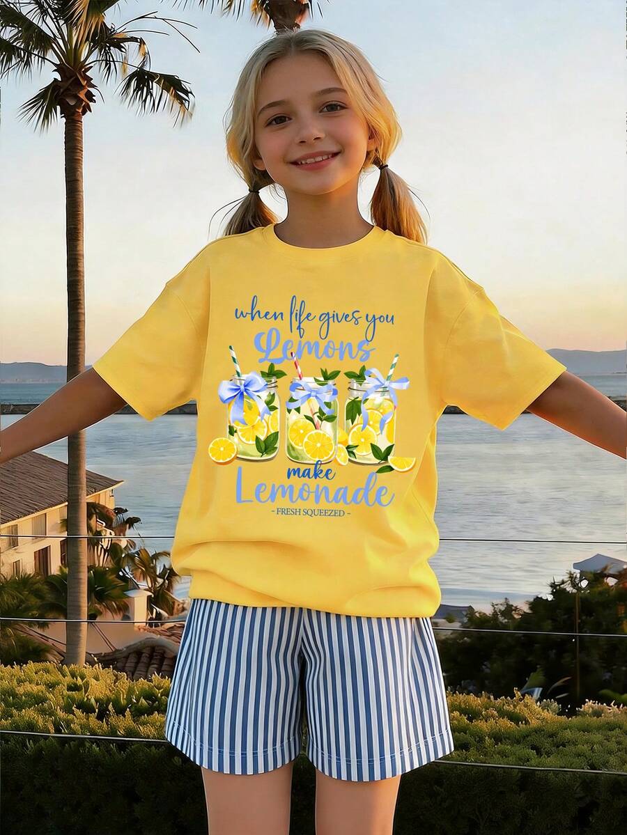 2pcs/Set Girls Lemon Bow Print T-Shirt And Vertical Stripe Shorts Set, Spring/Summer Outfit - Yellow - View 1