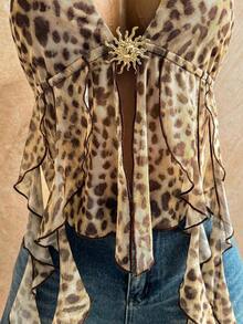 Blusa de mujer con encaje bordado, escote halter, espalda descubierta, tirantes con lazo, bajo fluido y elegante, adecuada para la playa, cruceros y resorts - Caqui - Ver 5