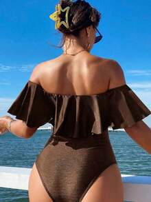 Swim Vcay Traje de baño de una pieza de estilo bohemio para mujer con volantes elegantes y cordones en los laterales, ideal para la primavera y los resorts de verano - Café integral - Ver 2
