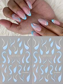 2pcs/Pack 3D Line Nail Art Stickers, Self-Adhesive Nail Decoration, Blue And White Water Ripple Line Pattern, French Line Nail Art Stickers, Suitable For Women Or Nail Salon Use - Multicolor - View 3