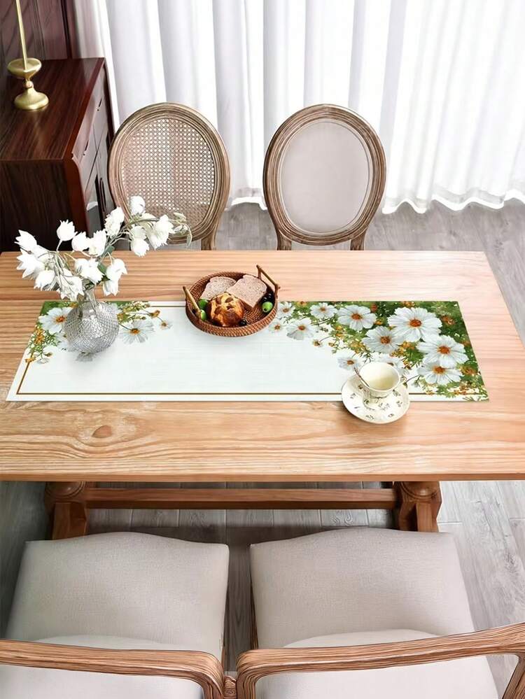 1件，简约白色雏菊斜纹花束图案桌旗，最新夏季桌旗，文艺清新风格，印花涤纶桌布，原创设计，精致纯净，长方形桌布，家居装饰（13x35.4/47.2/63/72/78.7英寸） - 淡綠 - 查看 2