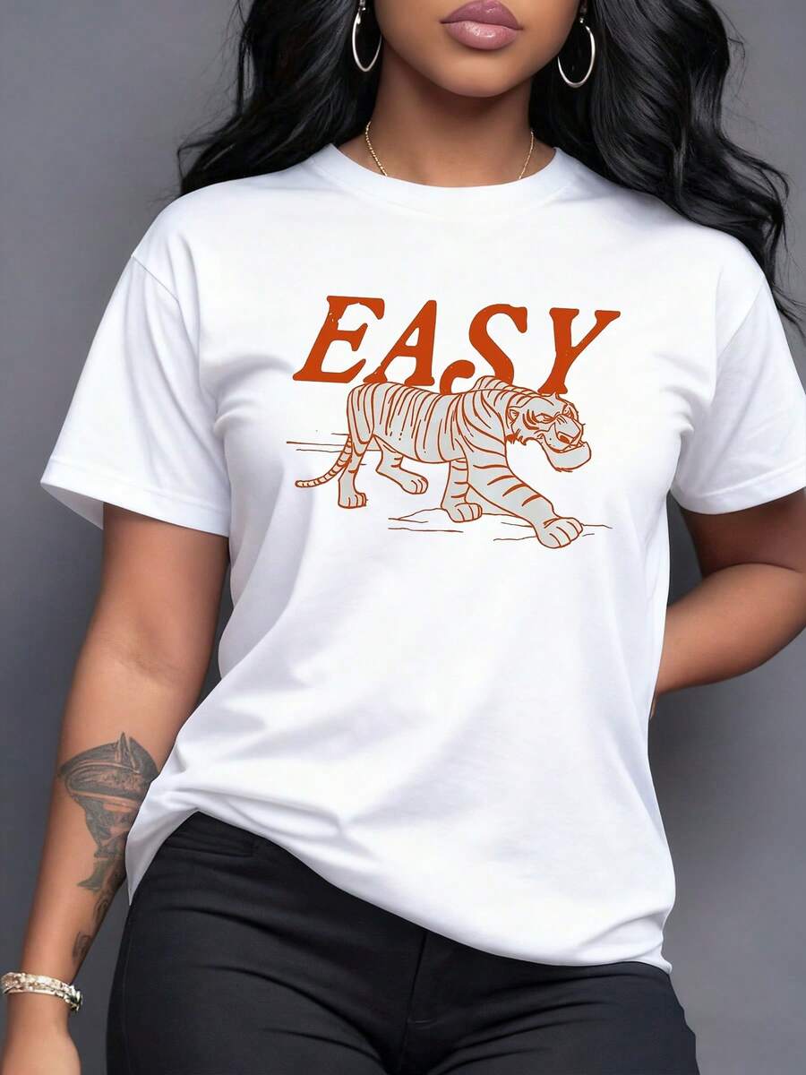 Tigre caminando con actitud serena que simboliza fuerza interior y confianza acompañado de la palabra EASY que transmite calma y equilibrio camiseta para mujer de corte moderno y cómodo - Blanco - Ver 1
