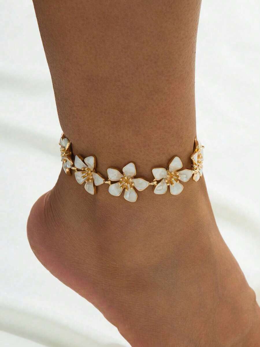 1pc Delicate Cherry Blossom Anklet, Oil-Drip Floral Design, Niche Vacation Style Versatile Children's Anklet - White - View 1