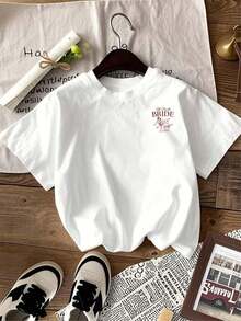 Ny trendig sommar-T-shirt, minimalistisk och avslappnad, med grafiskt tryck, rund hals, korta ärmar, vit färg, för kvinnor. - Vit - Visa 6