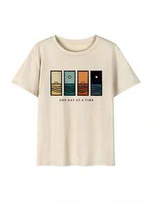Camiseta de mujer de manga corta, cuello redondo, estampado gráfico de limón soda, suelta y versátil, ideal para uso casual y vacaciones - Albaricoque 3 - Ver 2