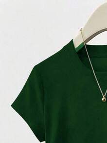 Camiseta de mujer de manga corta de cuello redondo y unicolor, minimalista y de moda para el verano - Verde - Ver 3