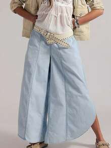 Women's Cropped Jeans With Pockets Simple Stylish Blue Low Rise Casual Wide Leg Denim Pants - Sky Blue - View 4