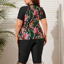 Swim Lushore 2pcs Plus Size Women Summer Random Print Short Sleeve Cropped Top And Shorts Bikini Swimsuit, Casual Vacation - Negro - Ver 3