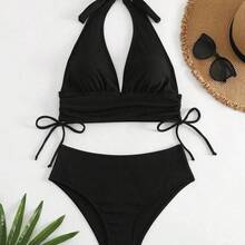 Swim Vcay Women Solid Color Separated Bikini Set With Neck Strap For Seaside Vacation Summer - Verde - Ver 5