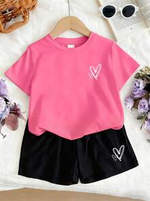 Set 2pcs/Set Kaos Lengan Pendek dan Celana Pendek Motif Hati untuk Remaja Perempuan, Potongan Longgar Kasual, Cocok untuk Liburan dan Belanja, Musim Panas - MultiWarna - View 3
