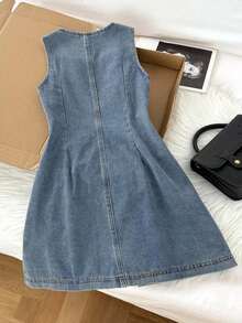 Vestido de mezclilla para mujer, vestido ajustado de línea A sin mangas de cuello cuadrado, azul - Azul lavado medio - Ver 2