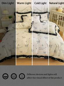 Cream-Colored Girly Ruffled Soft Brushed Floral Duvet Cover 3 Pieces Set (1 Duvet Cover + 2 Pillowcases, Comforter & Pillow Inserts Not Included), Bedding Set, Comfortable Soft Breathable Cozy Versatile, Machine Washable For All Seasons - White and Black - View 11