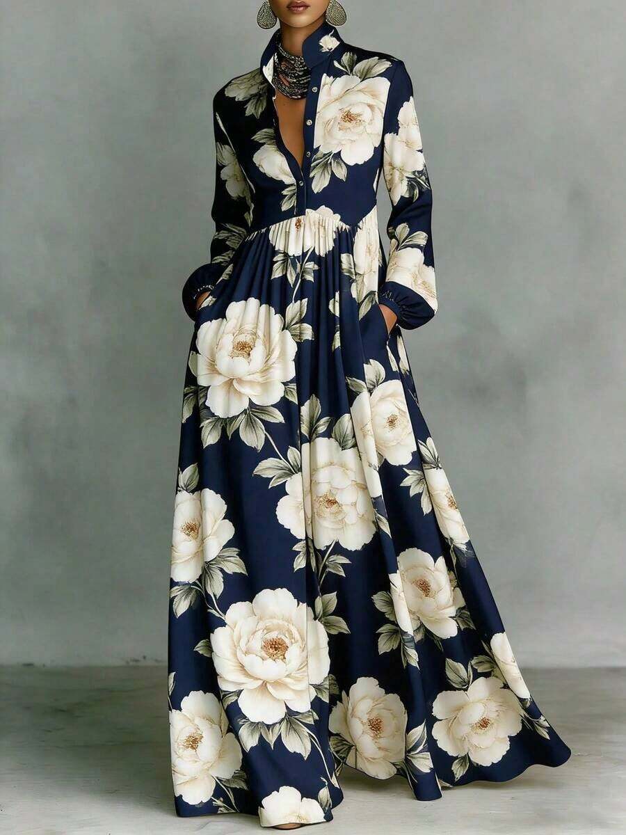 Elegant Retro Slimming Long Sleeve Printed Dress Women French Style Vacation Bodycon Midi Dress With Waist CincherDesign EuropeanAndCasual Party Wear - 海軍 - 查看 1
