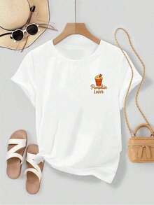 Camiseta Gráfica de Otoño para Mujer, Camiseta de Algodón de 220 g/m² con Estampado de Doble Cara, Cuello Redondo, Estilo Casual (1 Pieza) - Blanco - Ver 3