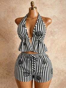 Conjunto de verano sexy, lindo y elegante romántico con top de tirantes con cuello en V profundo de lino a rayas blancas y caqui, emparejado con shorts casuales de playa de cintura con cordón, color rosa - Negro - Ver 3