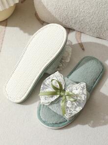 Women's Fluffy Bow Slippers, Lightweight Indoor Home Slippers, Quiet Plush Slides For All Seasons - Green - View 6