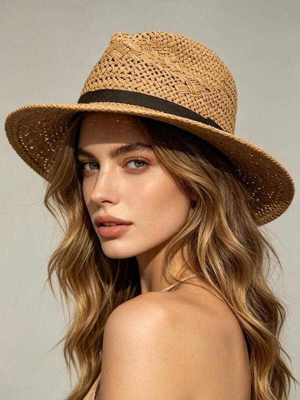 1pc Women's Solid Color Flat-Brimmed Hat With Belt Buckle, Fedora Hat, British Style For Spring/Summer Beach Vacation, Versatile,Holiday,Travel