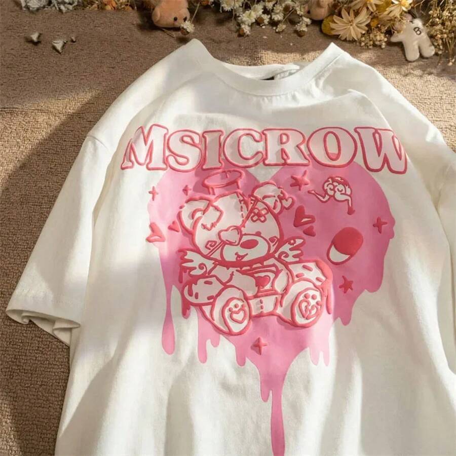 Camiseta para Mujer con Estampado de Oso y Corazón, Cuello Redondo, Manga Corta, Diseño Harajuku Streetwear Casual, Ideal para Verano - Blanco - Ver 1