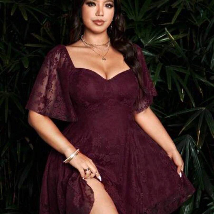 Sunspun Plus Size Women Fashion Romantic Elegant Sweetheart Collar Mesh Short Dress - Burdeos - Ver 1