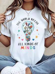 Camiseta de manga corta con cuello redondo y corte holgado 100% algodón para mujer, top informal de uso diario en verano. Camiseta de concientización sobre el autismo "El mundo necesita todo tipo de mentes" para mujeres y niñas con diseño de pieza de rompecabezas de bombilla, estampado de flores y estrellas coloridas. Camiseta informal de algodón puro, cuello redondo, manga corta, transpirable, suave y básica. - Blanco - Ver 6