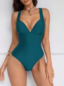 Traje de baño de una pieza con control de abdomen y push-up, con parches de color marrón, cordón de ajuste elegante y sexy, para fiestas y piscina - Agua verde azul - Ver 8