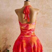 New Spring/Summer Women's Fashion Sexy Printed Dress - Plunging Neckline Design - Waist Cinching Ruched Design - Ruffle Hem Design - Vacation - Beach - Multicolor - Ver 3