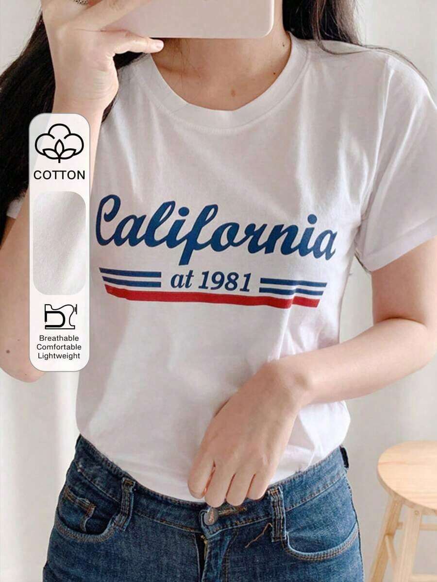 Round Neck T-Shirt With Letter Graphic For Summer. Breathable And Comfortable. - White - View 1