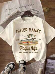 Outer Bank Graphic Print Casual Round Neck Short Sleeve Minimalist T-Shirt, Daily Casual Wear Summer woman Todo tipo de impresiones, chaqueta, camiseta de cuello redondo, casual, para oficina, para viajar, muy popular, viento deportivo, estampado/patrón, camiseta de algodón 100%, camiseta casual, cómoda, suave, transpirable The latest popular bestseller - Blanco - Ver 6