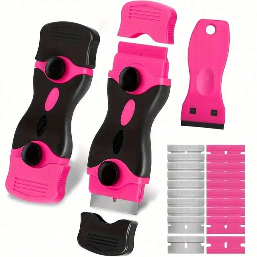 SOKANY Multifunctional Scraper Set, Adhesive Remover, Glass Scraper, Car Tint Tool. Includes 1 Pink Double-Head Scraper + 10 Metal + 10 Plastic Blades. For Floors, Glass, Kitchen, Grout, Home Decor, Outdoor Signs. A Cleaning Essential For Home & Pros.