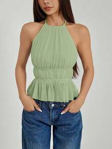 Top de tirantes sin espalda con cuello de halter y cintura anudada plisada para mujer - Verde - Ver 6