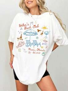 Camiseta gráfica holgada informal para mujer "Helen's Bach Club", transpirable y cómoda, de algodón puro, de manga corta, con estampado personalizado de Miami Beach, cuello redondo, para uso diario casual, fiestas nupciales y ropa de calle, color blanco. - Blanco - Ver 7
