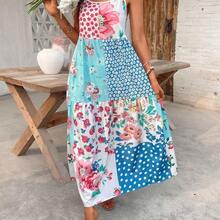 Women Summer Spaghetti Strap Patchwork Floral Geometric Print Casual Holiday Dress Pink Vacation Elegant - Mostaza Amarilla - Ver 3