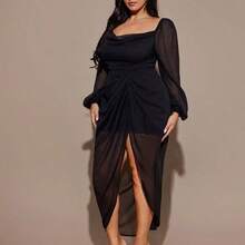 Plus Size Women Black Chiffon Long Sleeve Split Ruched Dress - Negro - Ver 5